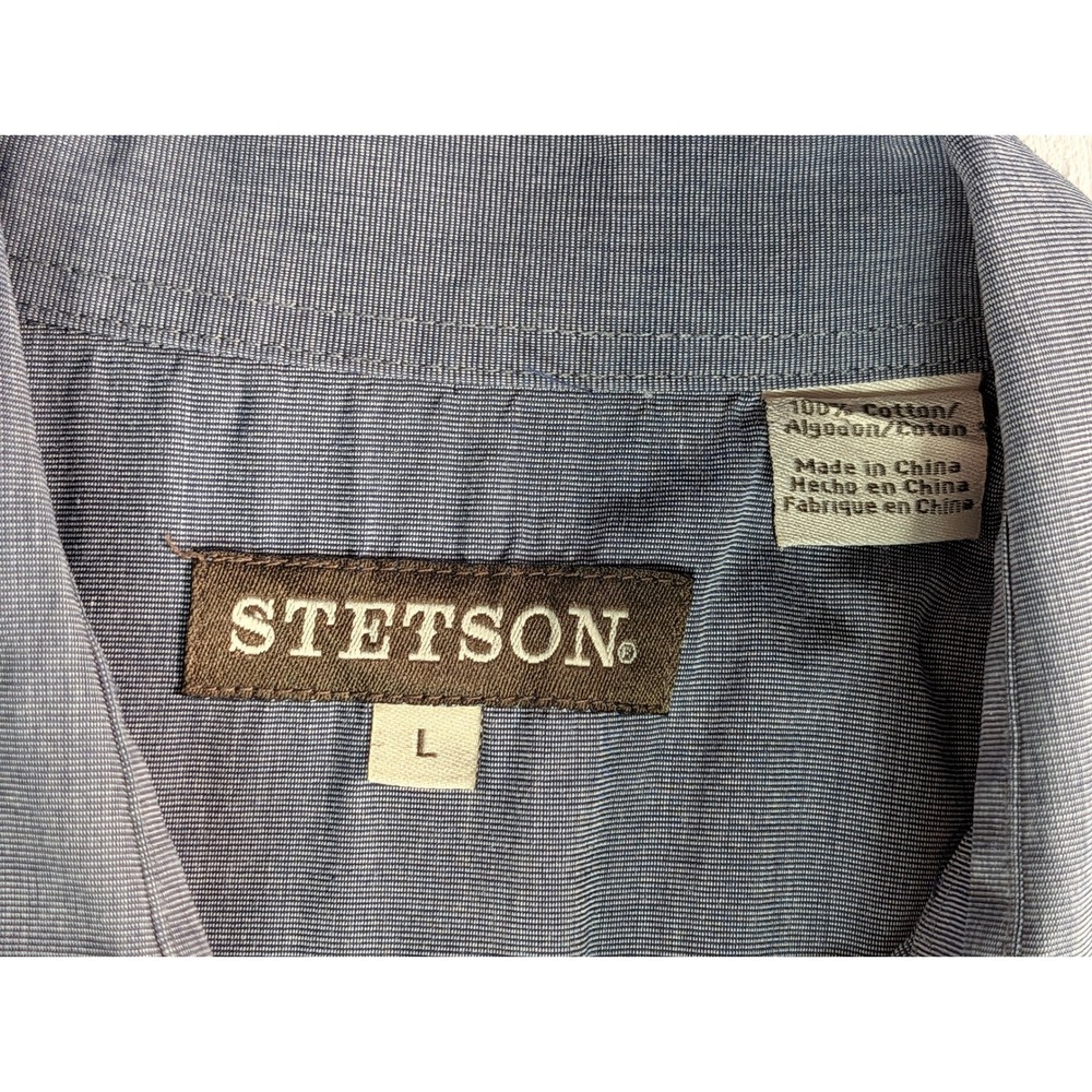 Stetson Mens Blue Micro Check Western Snap Button Long Sleeve Shirt L - Picture 9 of 14